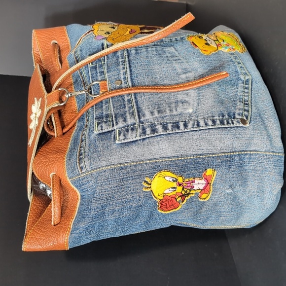 Vintage Jean/Faux Leather Medium Backpack with added Character Patches . - Picture 2 of 12